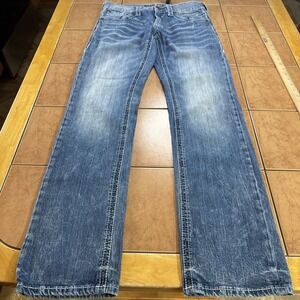 Affliction Ace Jeans Mens Sz 30 x 34 Straight Leg Embroidered Pockets Distressed